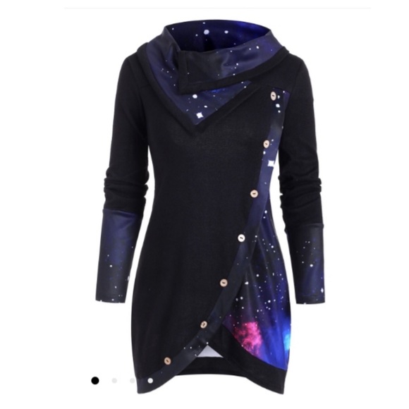 Cowl Neck Galaxy Print Panel Tunic Sweater NWT - Picture 2 of 5